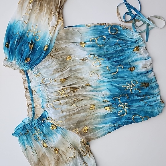 Nygard Blouse Off Shoulder Blue Tan White Gold Sequins Off Shoulder Peasant Sz L - Picture 12 of 13